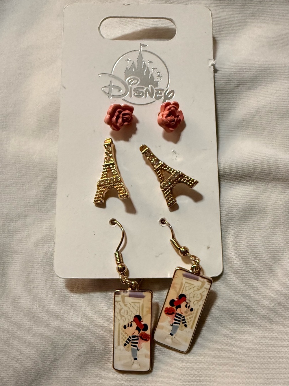 Epcot Disney Minnie Paris Rectangle Dangle + Rose Stud Earring Set, Gold